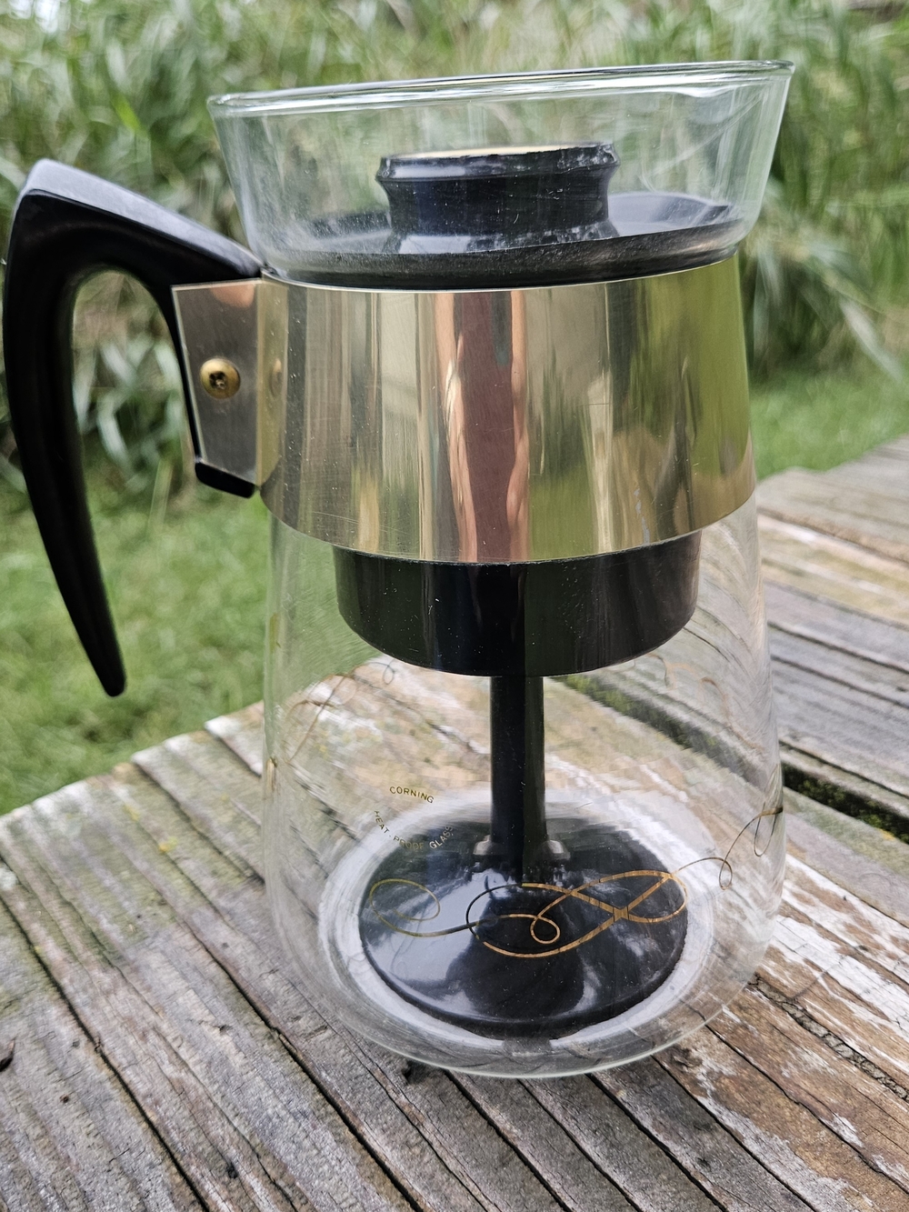 Corningware Glass Coffee Percolator with Black Handle and Silver Collar